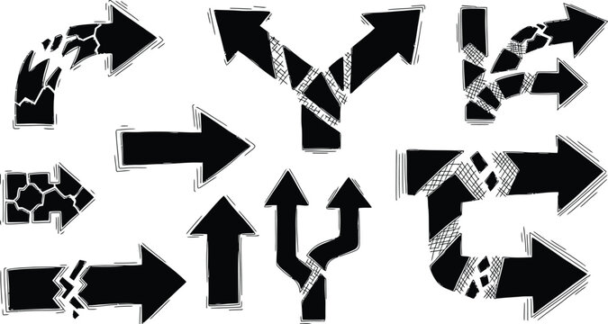 Set of black arrows showing broken and branching direction