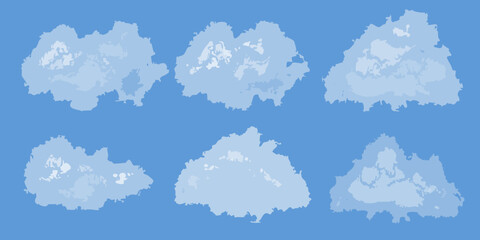 Six stylized light blue clouds scattered across a vibrant clear blue sky background