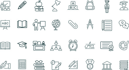 Education and Learning Vector Icons. Set of 32 blue-grey line art symbols for school, university, and academic study. Includes books, graduation cap, calculator, and globe