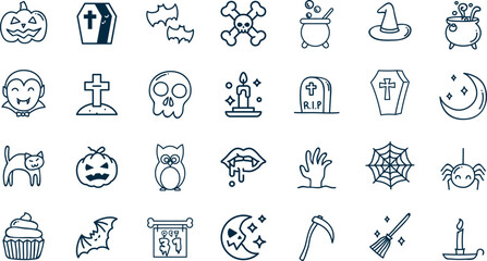 Halloween and Spooky Vector Icons. Set of blue line art symbols for horror themes and holiday projects. Includes pumpkin, skull, bat, witch hat, ghost, and spider web