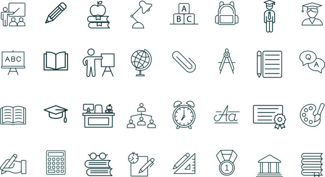 Education and Learning Vector Icons. Set of 32 blue-grey line art symbols for school, university, and academic study. Includes books, graduation cap, calculator, and globe