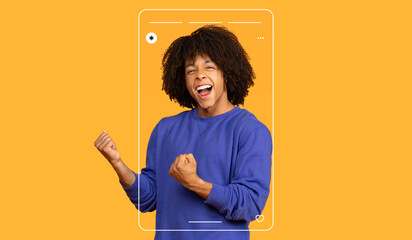 A joyful individual shows enthusiasm with a proud smile and raised fists. The vibrant orange...