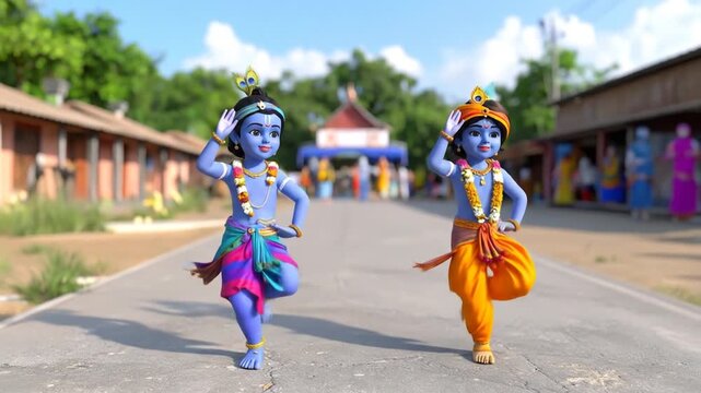 Animated Krishna Dance: Joyful Celebration in Vibrant Indian Setting
