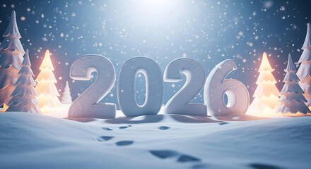Glowing 2026 numbers in a snowy forest with falling snowflakes