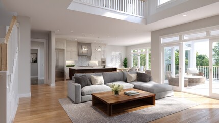 Spacious Open Floorplan: Inviting Living Room and Kitchen with Balcony in Cozy Home Design