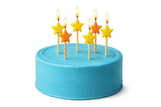 Blue frosted cake with six lit star-shaped candles, symbolizing celebration and festivity. Transparent background