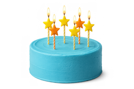Blue frosted cake with six lit star-shaped candles, symbolizing celebration and festivity. Transparent background
