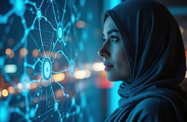 Muslim woman in hijab examines complex digital network graphic on futuristic screen. Pro analyzes data flow with intelligence, focused on global connection and tech advancement.