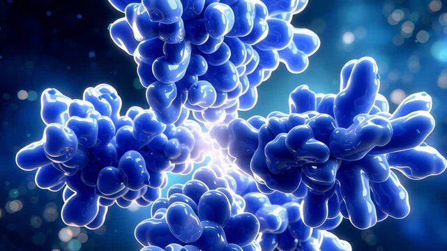 Blue molecular structure glowing in dark cosmic setting. Detailed visualization emphasizes scientific innovation and discovery. Concept for research, biotechnology, educational institutions