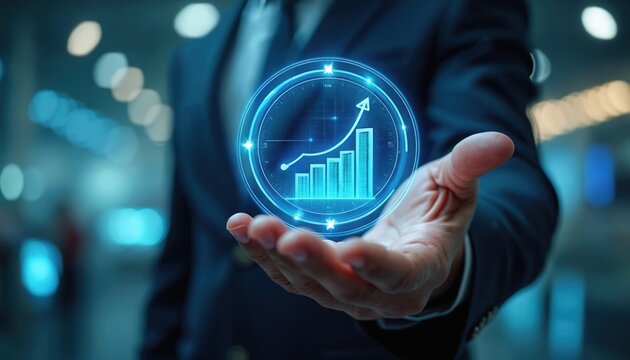 Businessman holds hologram showing growth chart. Digital interface displays financial success increased value, sales. Upward arrow symbolizes profit investment returns, corporate market progress.