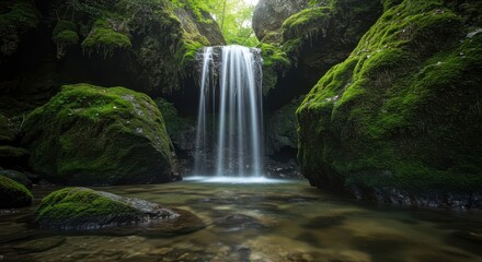 Obraz premium Lush green moss covers ancient rocks where clear water cascades down a natural waterfall into a pool below ,lush ,stream ,moist