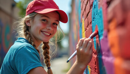 Young girl in red cap and blue t-shirt painting colorful graffiti on wall with brush. Girl smiles while creating street art outdoors. Happy child with braided hair and paintbrush in hand.