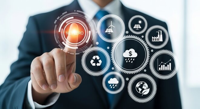 A businessman in a suit interacts with digital sustainability icons, symbolizing innovation and eco-friendly practices.
