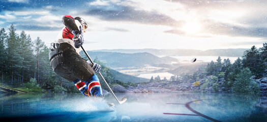 Hockey players in action on the ice. Outdoor game. Sports. Hockey match. A large hockey rink in the middle of an forest. Hockey concept. Panorama