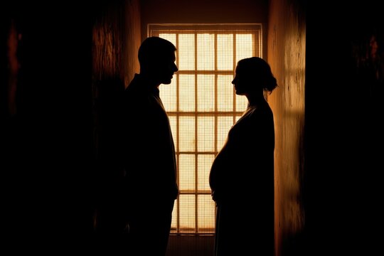 Silhouette of a Couple, a Pregnant Woman and a Man, by a Prison Window