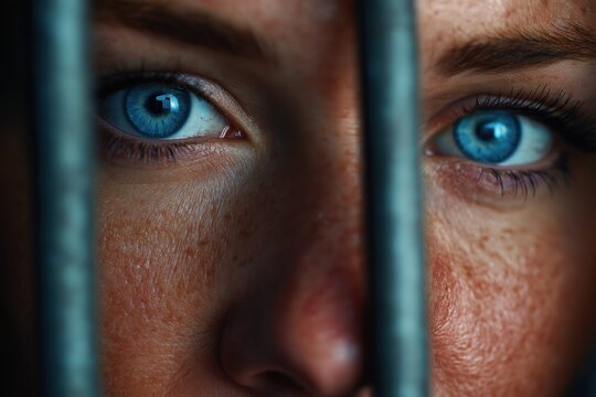 Extreme Close-up of Frightened Blue Eyes Behind Prison Bars
