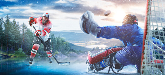 Hockey players in action on the ice. Outdoor game. Sports. Hockey match. A large hockey rink in the middle of an forest. Hockey concept. Panorama