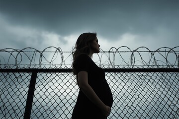 Silhouette of a Pregnant Woman Against a Barbed Wire Fence