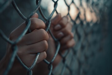 Child's Hands Gripping a Chain Link Fence in Despair