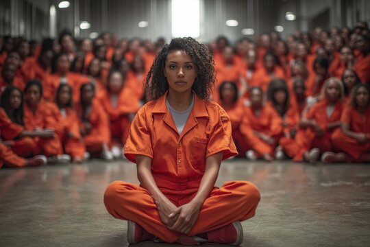 Young Black Inmate Sitting Amidst a Crowd of Prisoners