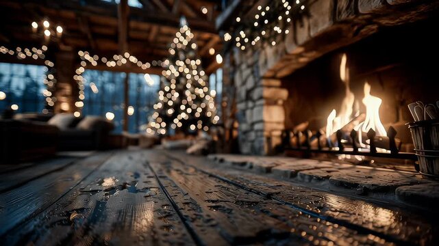 Fireplace crackles warmly in a rustic cabin filled with twinkling lights and festive decorations. Wooden floor enhances the cozy setting. Concept of home decor, winter retreat, holiday spirit