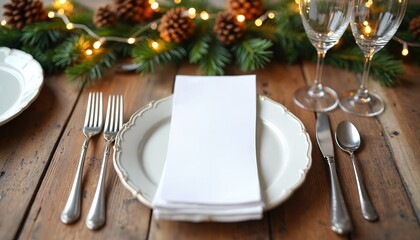 Festive New Year table setting with pinecone branch decor. Empty white menu card sits on elegant plate with silverware. Two wine glasses await a celebration meal.