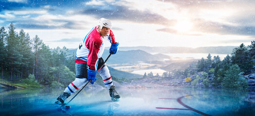 Hockey players in action on the ice. Outdoor game. Sports. Hockey match. A large hockey rink in the middle of an forest. Hockey concept. Panorama