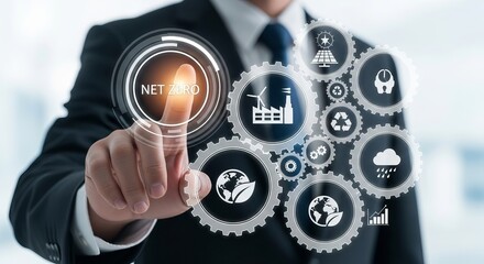 A male professional in a suit interacting with futuristic technology focused on achieving net zero emissions.