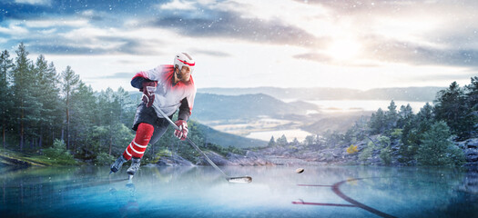 Hockey players in action on the ice. Outdoor game. Sports. Hockey match. A large hockey rink in the middle of an forest. Hockey concept. Panorama