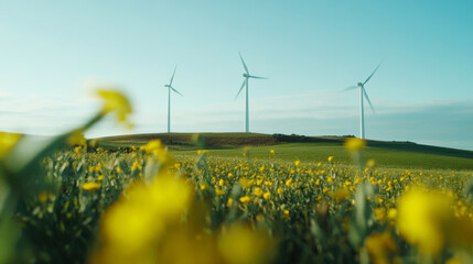 Wind turbines stand tall against a clear sky with wildflowers blooming in the foreground on a sunny day