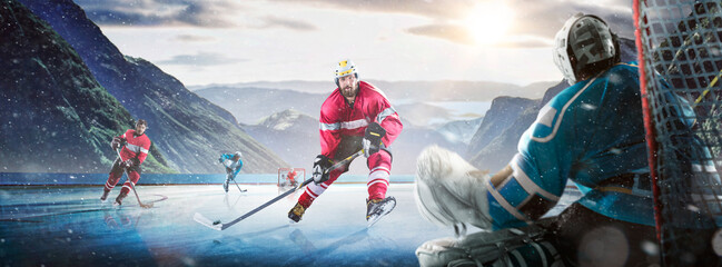 Hockey players in action on the ice. Outdoor game. Sports. Hockey match. A large hockey rink in the middle of an forest. Hockey concept. Panorama