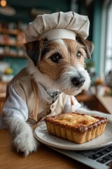 Humorous concept of dog chef using laptop and baking pie in cozy home kitchen, blending pet lifestyle with culinary creativity and digital trends
