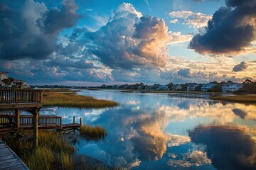 Tranquil Bay Sunset: Scenic Reflection of Cloudy Skies Over Pawleys Island's Wooden Dock, South Carolina