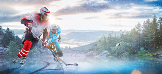 Hockey players in action on the ice. Outdoor game. Sports. Hockey match. A large hockey rink in the middle of an forest. Hockey concept. Panorama