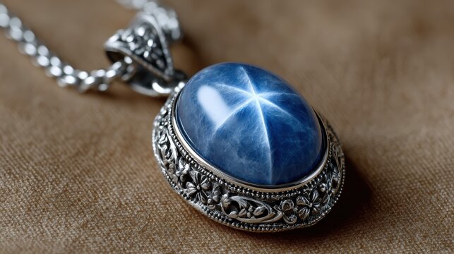 jewelry design, detailed close-up of a victorian pendant with intricate silver details and a star sapphire, reflecting exquisite craftsmanship
