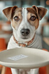 Dog with white and brown fur wearing collar holds beige tray with label indoors, symbolizing pet service or delivery in home setting
