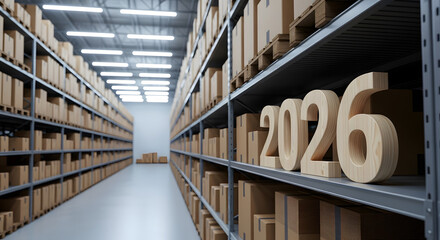 Large warehouse shelves filled with boxes and the year 2026 prominently displayed