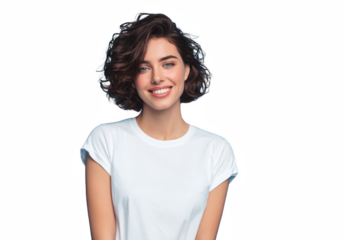 Portrait of a smiling young woman with curly hair wearing a white t-shirt isolated on a white background