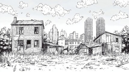 A sketched view of abandoned buildings amidst a city skyline, showcasing the contrast between decay and urban life.