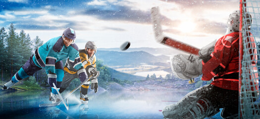 Hockey players in action on the ice. Outdoor game. Sports. Hockey match. A large hockey rink in the middle of an forest. Hockey concept. Panorama