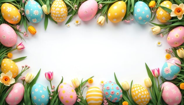 Easter eggs and spring flowers create festive border with copy space. Colorful decorated eggs with floral patterns and tulips fill frame. Bright springtime background for holiday greetings and design.