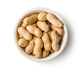 Peanuts in shell. Groundnuts in bowl isolated on white background.