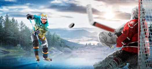 Hockey players in action on the ice. Outdoor game. Sports. Hockey match. A large hockey rink in the middle of an forest. Hockey concept. Panorama