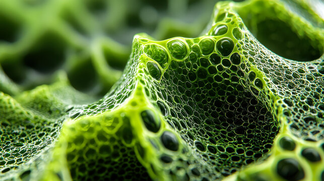 Close-up view of intricate green plant tissue highlighting cellular structures and textures under natural light