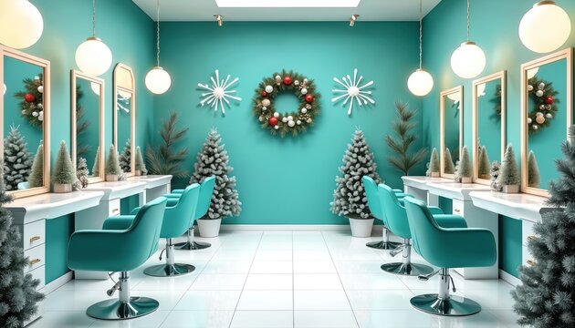 Modern turquoise beauty salon decorated for Christmas holidays. Festive interior design features wreaths, snowflakes, miniature trees. Hair styling chairs wait for clients during winter season.