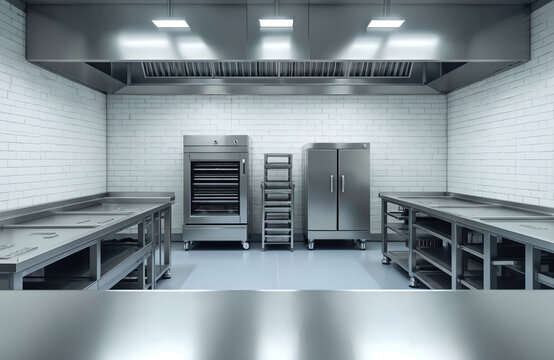 Clean modern commercial kitchen interior in neutral tones. Stainless steel appliances stand against white brick wall. Workplace includes metal tables oven fridge, shelving. Professional cooking space.