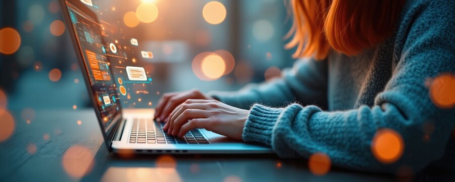 Woman works on laptop with chat interface on screen. Types on keyboard with blurred orange lights in background. Customer service representative uses computer for online communication. Hands on