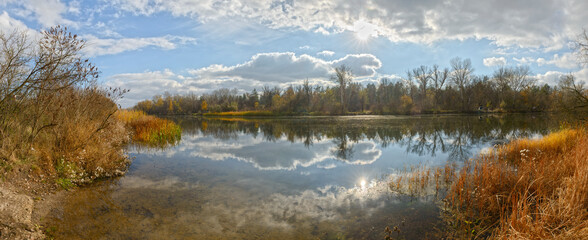Autumn panorama of Orel river, Obukhovka, Dnepropetrovsk area, Ukraine.