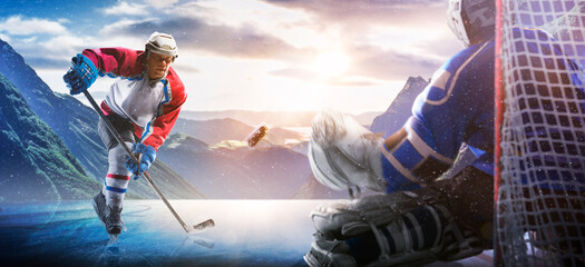 Hockey players in action on the ice. Outdoor game. Sports. Hockey match. A large hockey rink in the middle of an forest. Hockey concept. Panorama