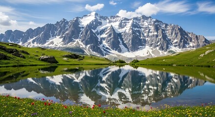 Snowy mountain range reflected in a calm lake surrounded by green hills and colorful wildflowers field